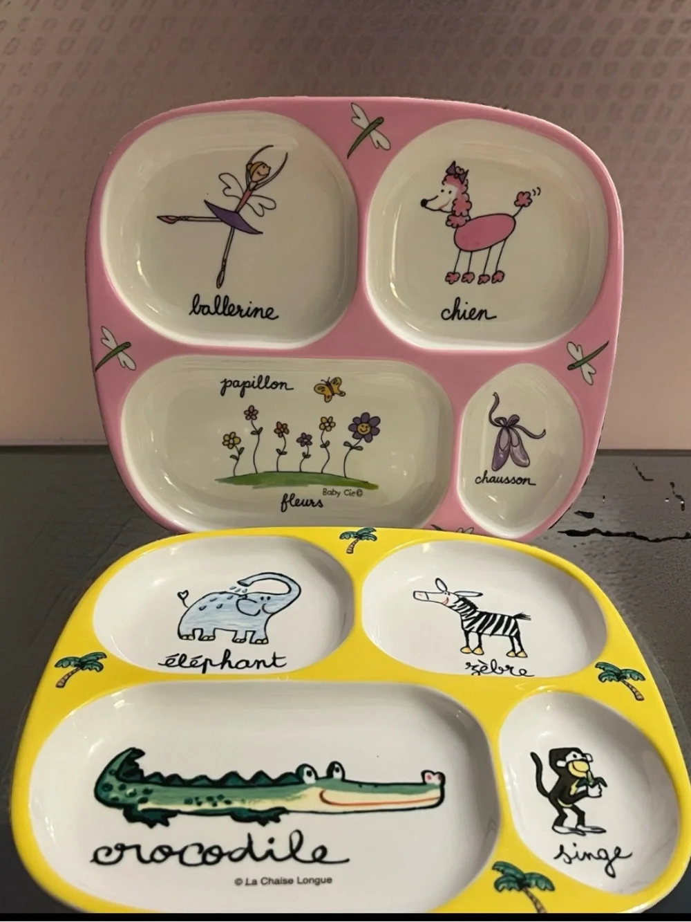 BabyCie Melamine Sectioned Toddler Plates Elephant/yellows & Poodles/pinks-Set 2